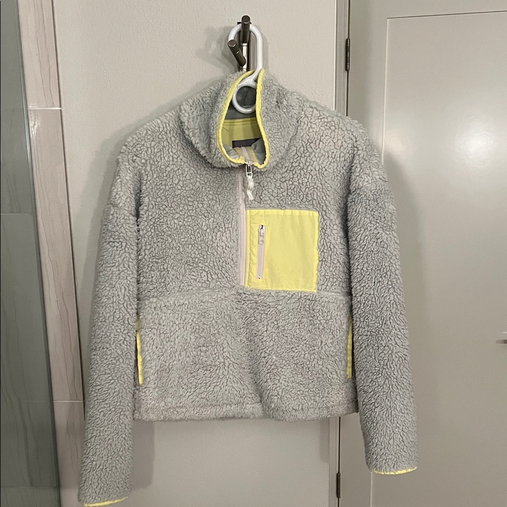 Anthropologie light blue with yellow accents soft sherpa fleece jacket